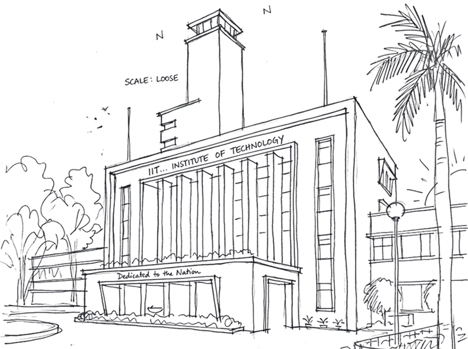 Pen sketch of the IIT Kharagpur main building with its tower, palm tree and the words Dedicated to the Nation